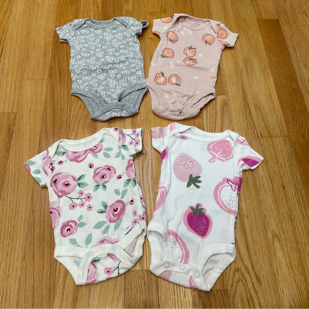 Baby girl newborn floral/fruit printed gray/white/pink bodysuits various brands
